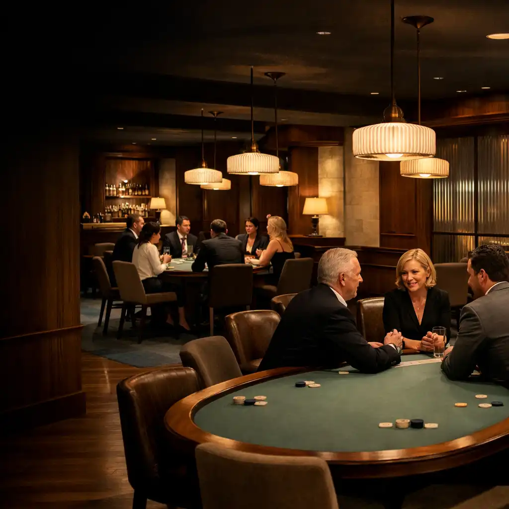 Wieczorne wnętrze Card Lounge z kilkoma stołami pokerowymi i gośćmi rozmawiającymi przy ciepłym świetle