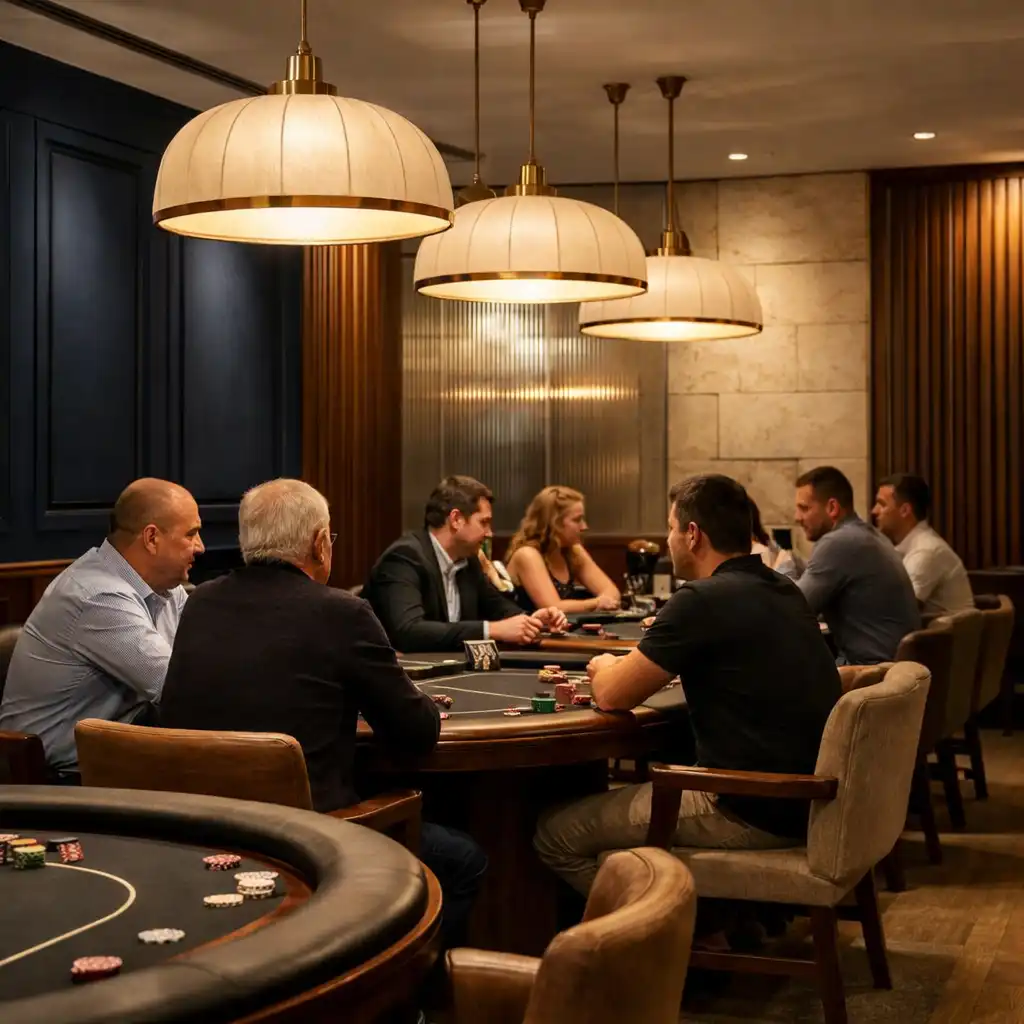 Pionowy widok Card Lounge z prawdziwymi stołami pokerowymi, lampami i gośćmi w rozmowie
