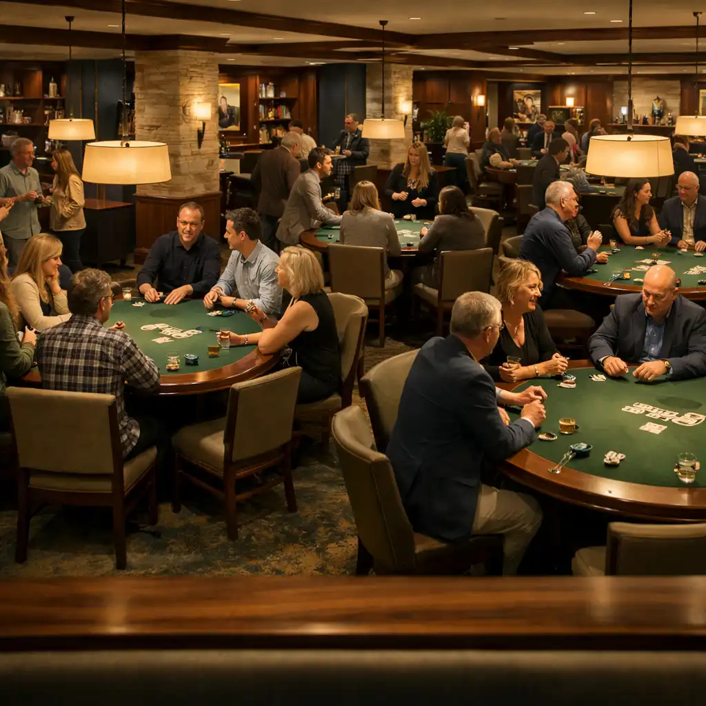 Szeroka scena wieczoru w Card Lounge z kilkoma stołami pokerowymi i rozmawiającymi gośćmi