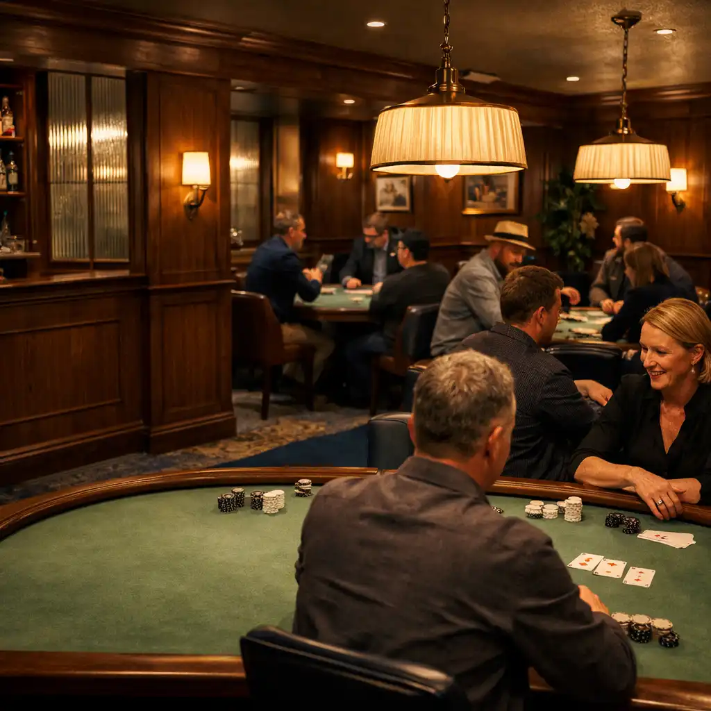 Card Lounge z kilkoma stołami pokerowymi i dorosłymi gośćmi rozmawiającymi przy stołach