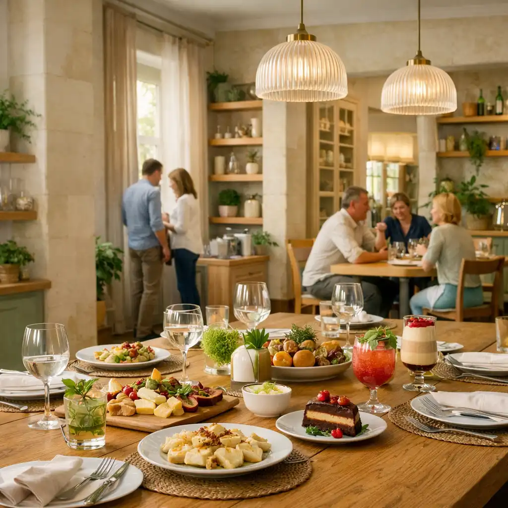 Jasna sala restauracyjna z dużym dębowym stołem i przygotowanymi nakryciami