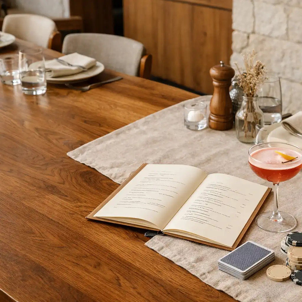 Duży stół z orzecha z ceramiką, menu, koktajlem, kartami i neutralnymi żetonami w jasnym wnętrzu restauracji