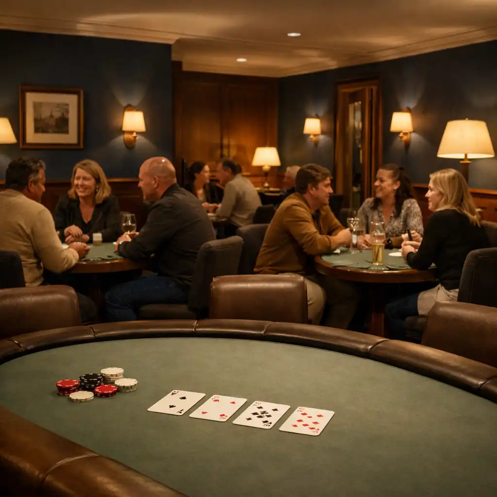 Card Lounge z fizycznymi stołami pokerowymi i małymi grupami osób rozmawiających