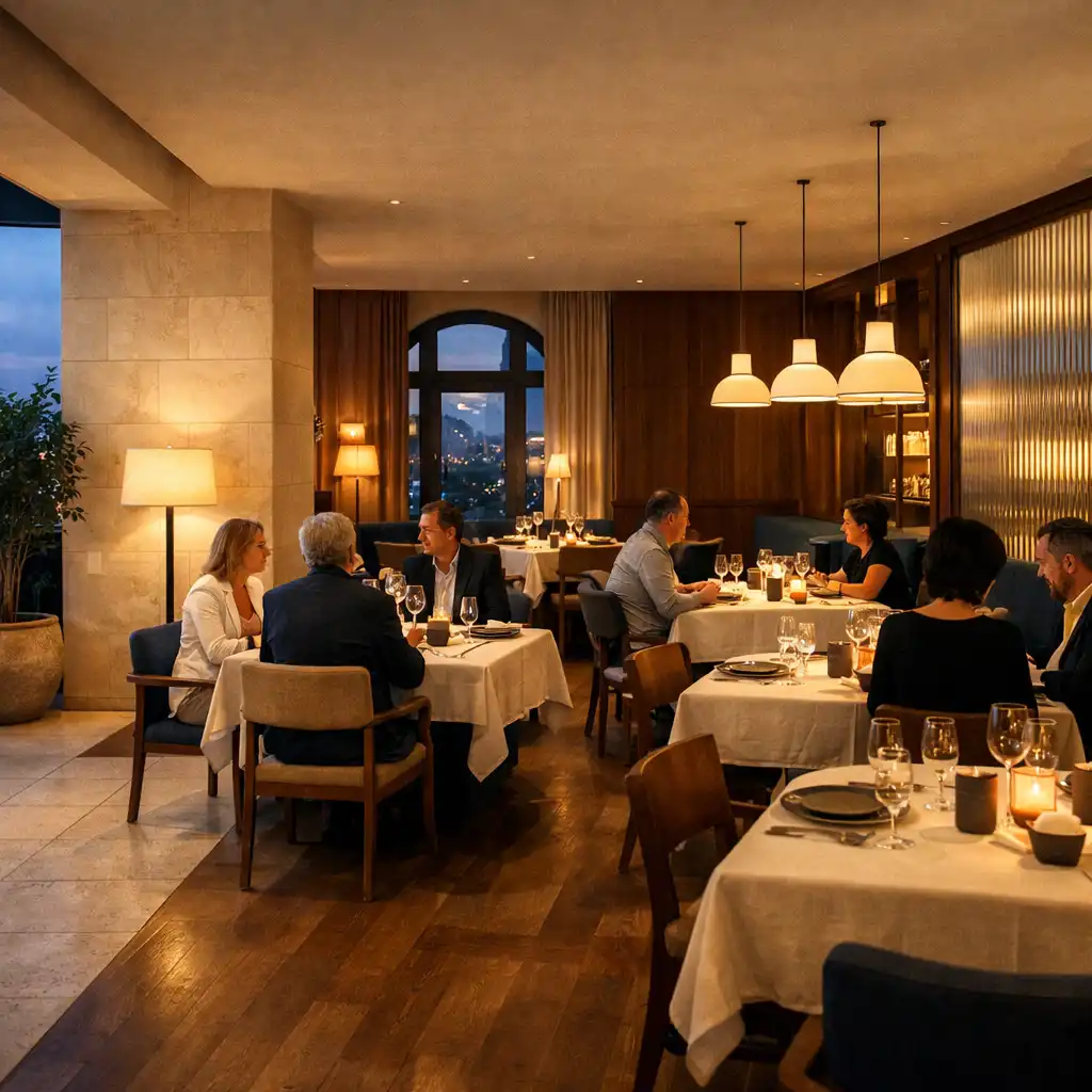 Współczesne wnętrze restauracji z nakrytymi stołami i osobami rozmawiającymi przy kolacji