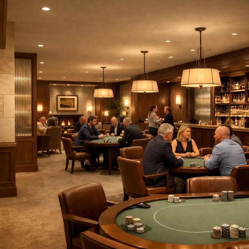 Card Lounge z kilkoma fizycznymi stołami pokerowymi i rozmawiającymi gośćmi