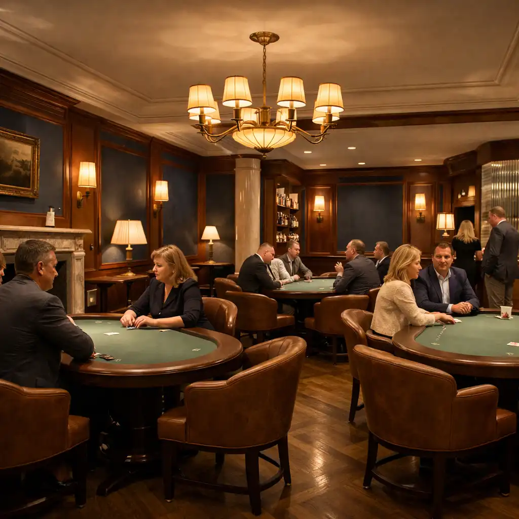 Kompletne wnętrze Card Lounge z kilkoma stołami pokerowymi i rozmawiającymi gośćmi