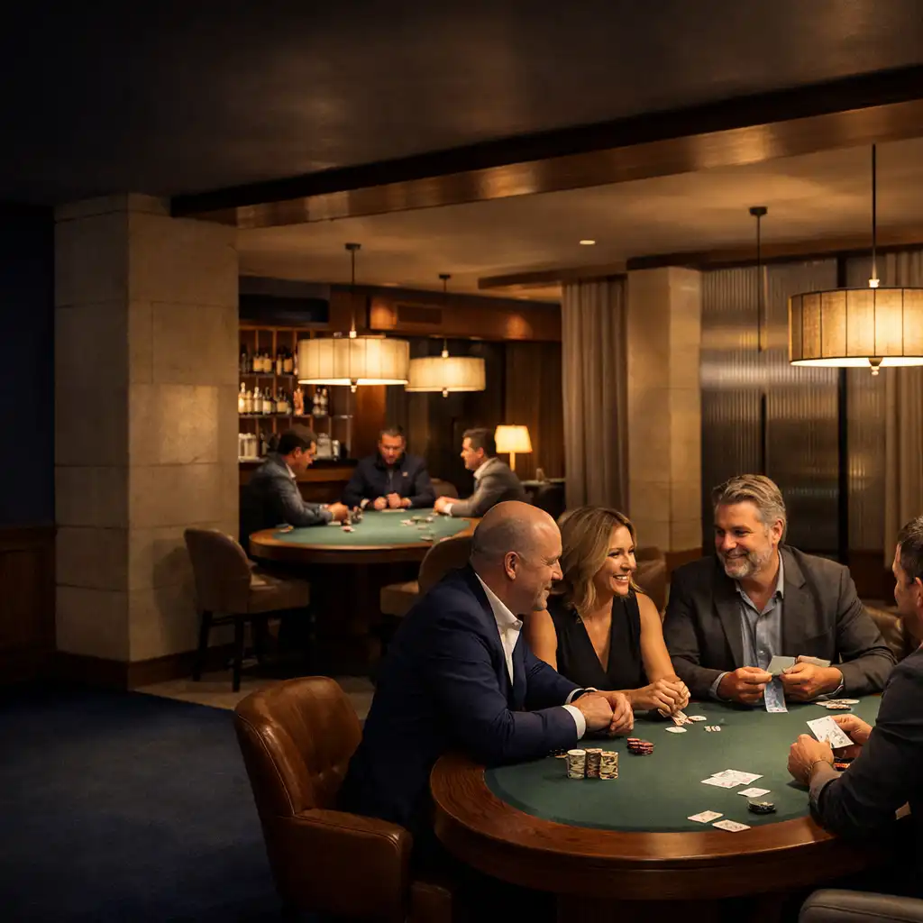 Goście rozmawiający przy fizycznych stołach pokerowych w ciepłym wnętrzu Card Lounge